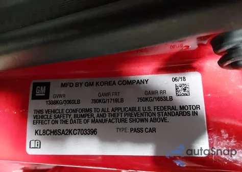 2019 Chevrolet Spark Activ Cvt z USA, uszkodzony, nr VIN KL8CH6SA2KC703396